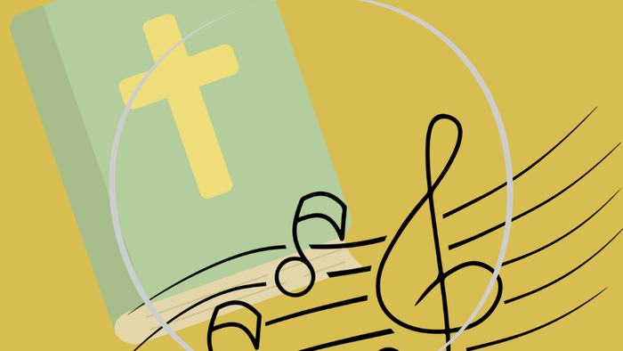 Kristent salmebog med noder, der strømmer ud af den, som symboliserer hellig musik.
