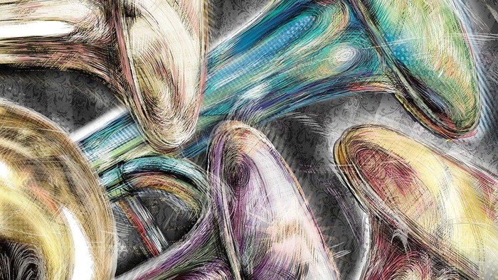 Abstrakte Aquarell-Illustration verschlungener Musikinstrumente mit lebendigen, wirbelnden Pinselstrichen.