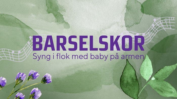 Grøn akvarelbaggrund med hvide nodetegn og lilla blomster, der indeholder teksten **