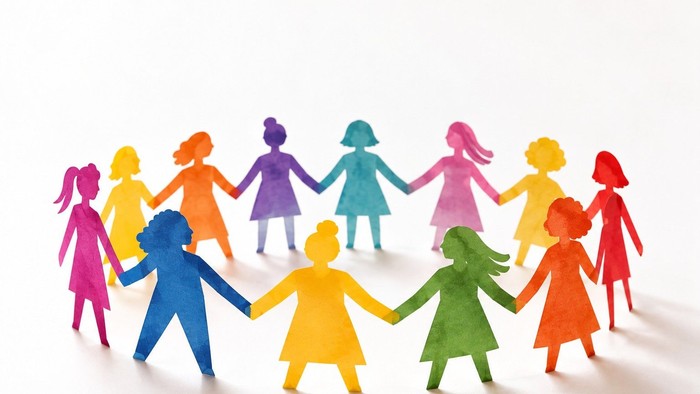 Bunte Pappscherefiguren von Menschen, die sich im Kreis an den Händen halten und Einheit und Vielfalt symbolisieren.