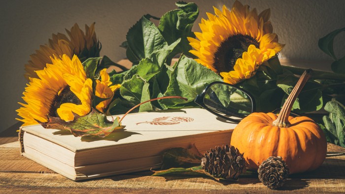 Ein Buch liegt neben Sonnenblumen und einem Kürbis auf einem Tisch