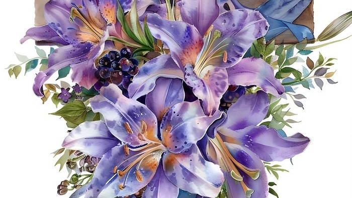Ein Blumenstrauß mit lila Lilien und blauem Band in einem Korb.