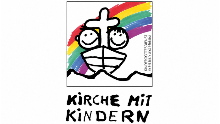 Zeichnung eines Bootes mit zwei Kindern und Kreuz, dahinter ein Regenbogen, unten der Schriftzug 