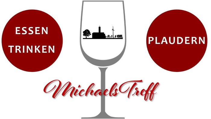 Logo für „Michaels Treff“ mit Wein, Essen, Trinken und Plaudern vor einer Stadtsilhouette.