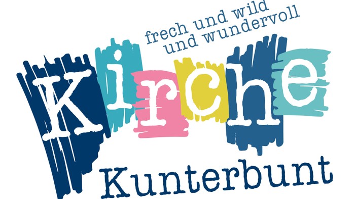 Buntes, verspieltes Logo für „Kirche Kunterbunt“ (bedeutet „bunte Kirche“) mit dem Spruch *„frech und wild und wundervoll“*.