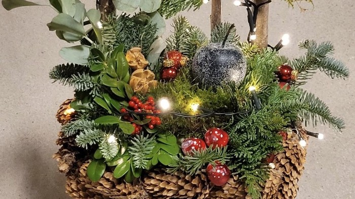 En juledekoreret stol med grønne planter og lys.