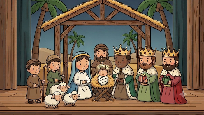 Illustrierte Weihnachtskrippe mit Maria, Josef, dem Jesuskind, Hirten und den Heiligen Drei Königen unter einem sternenklaren Nachthimmel.