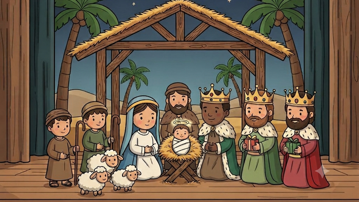 Illustrierte Weihnachtskrippe mit Maria, Josef, dem Jesuskind, Hirten und den Heiligen Drei Königen unter einem sternenklaren Nachthimmel.