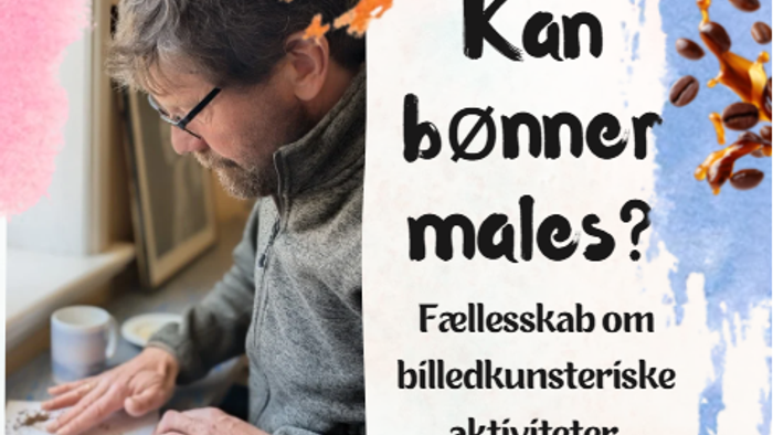 En mand, der rister kaffebønner, med tekst, der spørger, om bønner kan ristes, og som diskuterer kunstneriske fællesskabsaktiviteter.