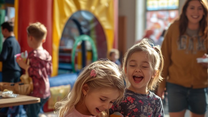 Kinder spielen in einer Kirche - im Hintergrund steht eine Hüpfburg.
