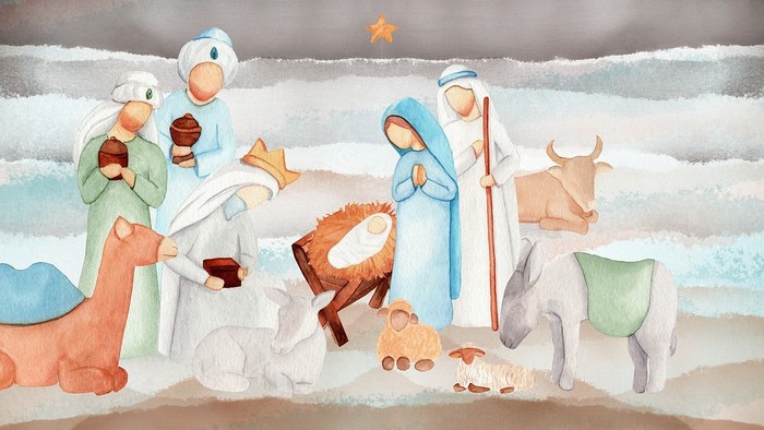 Die Weihnachtsgeschichte mit Maria, Josef, dem Baby Jesus, dem Esel und dem Ochsen