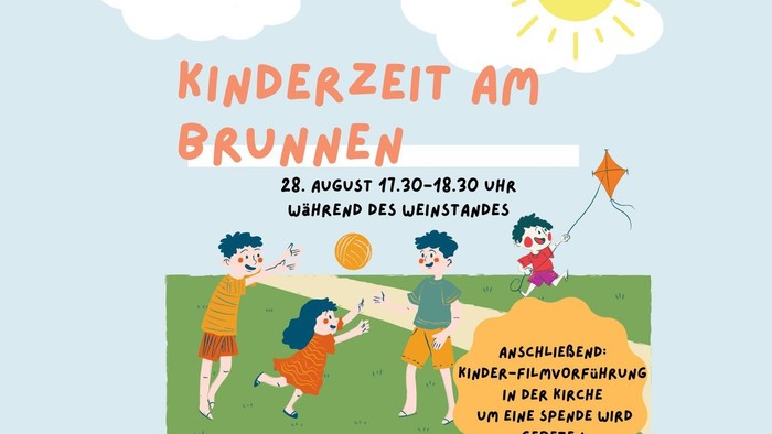 Plakat für Kinderaktivitäten am Brunnen am 28. August mit Spielen und anschließender Filmvorführung.