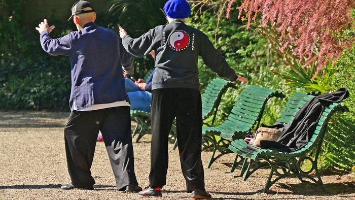 Zwei ältere Männer üben Tai Chi in einem Park mit grünen Bänken und buntem Laub in der Nähe.