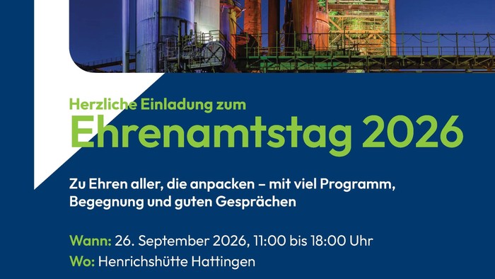 Informationsplakat zum Ehrenamtstag am 26. September 2026, 11.00 bis 18.00 Uhr in der Henrichshütte Hattingen.