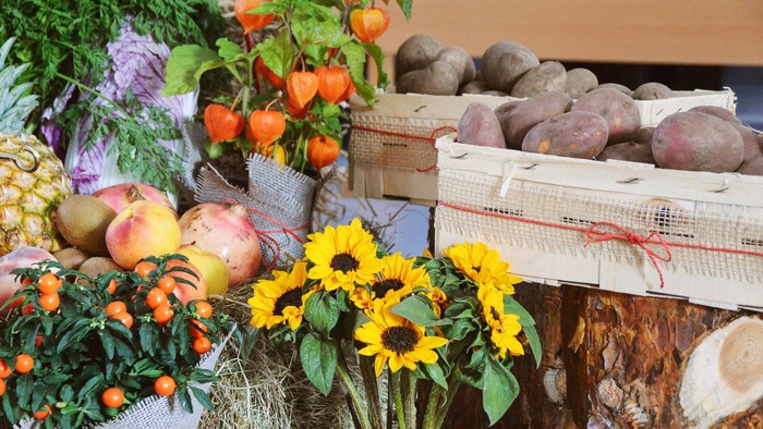 Verschiedene Blumen, Äpfel und Kartoffel