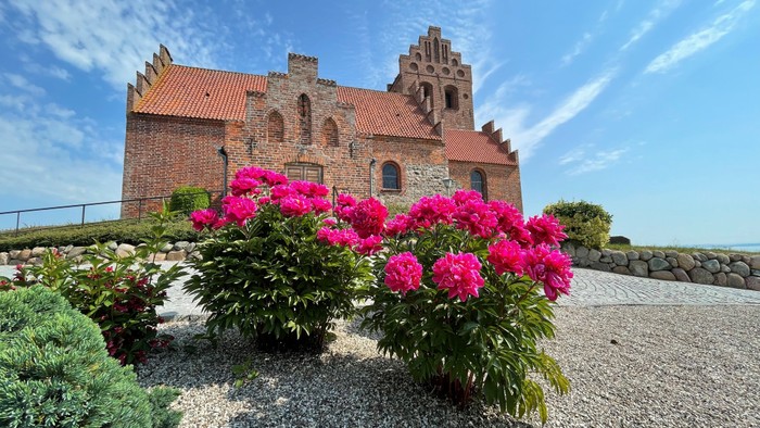 Røde murstenskirke med rosa blomster foran