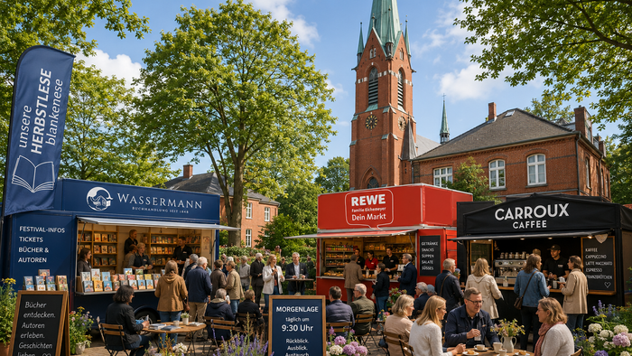 Herbstfest im Freien mit Bücherständen, Cafés und Menschen, die in der Nähe einer Kirche Speisen und Getränke genießen.