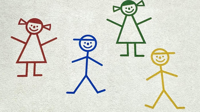 Bunte Strichmännchen-Zeichnungen von vier fröhlichen Kindern mit verschiedenen Frisuren und Outfits.