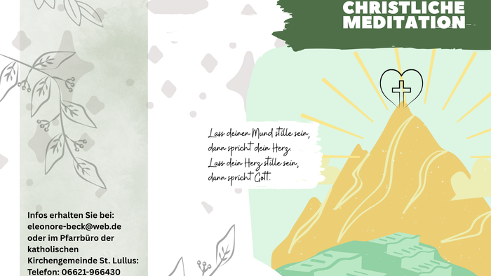 Christliches Meditationsposter, das innere Ruhe fördert – mit Illustrationen von Bergen, Blättern und Herz-Symbolen.