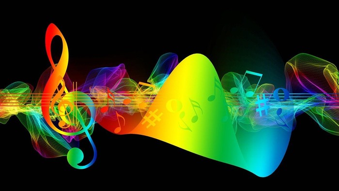Bunte Musiknoten und Symbole auf schwarzem Hintergrund