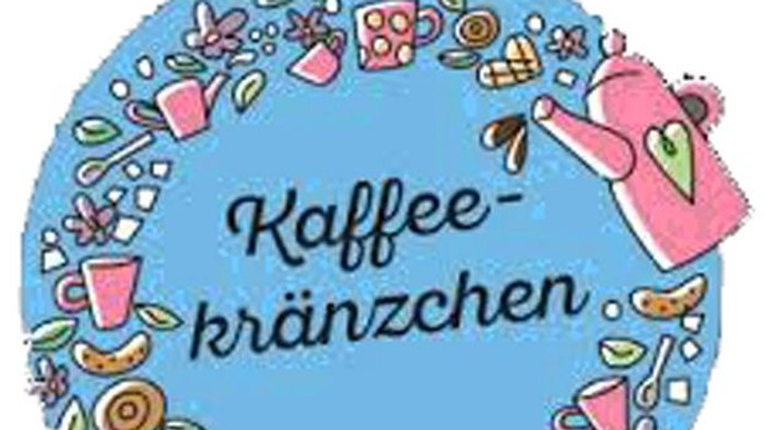 Illustriertes Abzeichen mit „Kaffeekränzchen“, Kaffeetassen, Gebäck und einer gemütlichen Teekanne, umgeben von floralen Mustern.