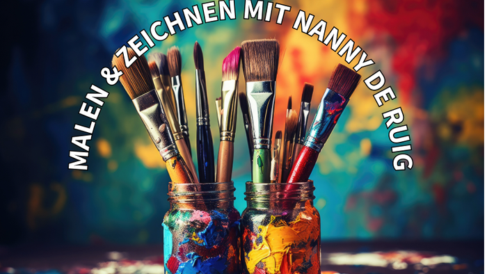 Bunte Pinsel in Gläsern mit dem Text „Malen & Zeichnen mit Nanny de Ruig“ auf Deutsch.