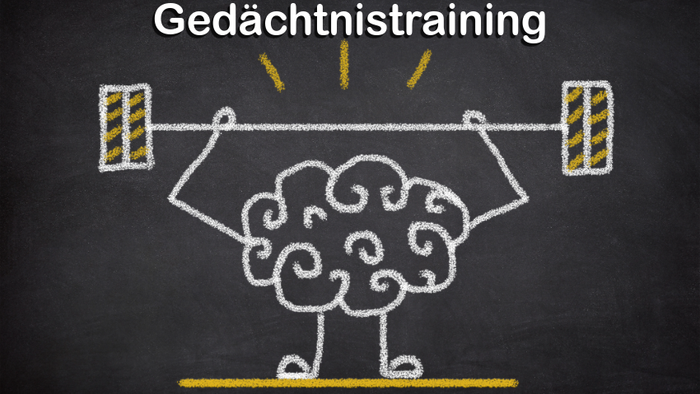 Zeigt Gehirntraining für das Gedächtnis mit einem kreidegezeichneten Gehirn, das an einer Balancierstange Gewichte stemmt.