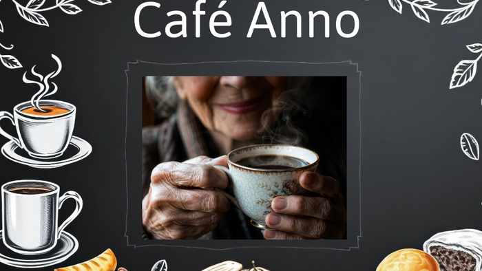 Gemütliches Café-Plakat mit einer warmen Tasse Kaffee, Gebäck und Kaffeebohnen mit der Marke „Café Anno“.
