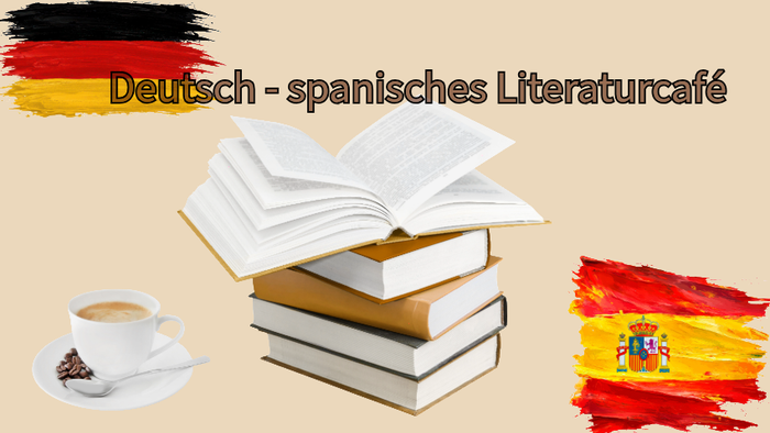 Deutsch-spanisches Literaturcafé mit offenen Büchern, Kaffee und den Flaggen Deutschlands und Spaniens.