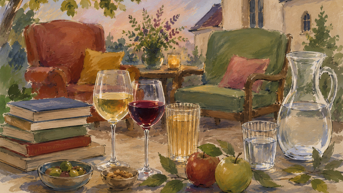 Unter einer Lichterkette stehen zwei gemütliche Polstersessel vor dem Hintergrund eines Kirchengebäudes im Abendlicht. Im Vordergrund liegen mehrere Bücher auf einem Tisch. Daneben stehen zwei Gläser Wein, ein geripptes Apfelweinglas sowie eine Karaffe.
