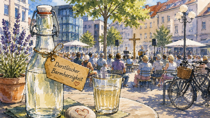 Illustration eines sommerlichen Open-Air-Gottesdienstes auf einem belebten Stadtplatz. Im Vordergrund stehen auf einem Tisch eine Glasflasche mit einem Anhänger „Durstlöscher Barmherzigkeit“, ein gefülltes Trinkglas und ein Stein mit Herzsymbol. Im Hinter