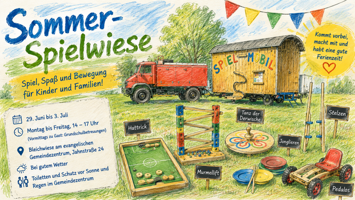 Im Mittelpunkt steht ein rotes Spielmobil mit Anhänger, umgeben von Kindern, die verschiedene Geschicklichkeits- und Bewegungsspiele ausprobieren. Zu sehen sind unter anderem Stelzen, Pedalos, eine Murmelbahn, Kreiselspiele und große Bausteine.