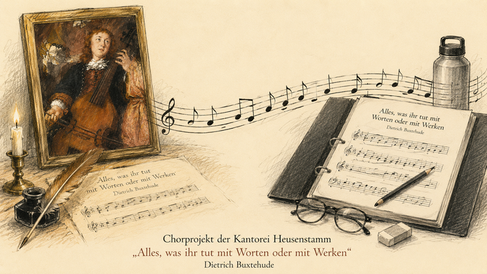 Links ein gerahmtes Porträt des Barockmusikers Dietrich Buxtehude mit Federkiel, Tintenfass und Kerze, rechts ein modernes Notenheft mit Bleistift, Brille und Trinkflasche. Ein Notensystem verbindet beide Bildhälften und symbolisiert die Brücke zwischen h