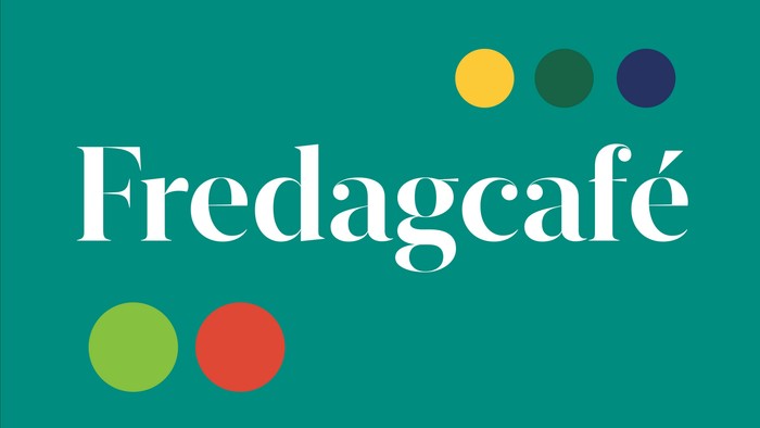 Logo til Fredagscafé med tekst og farverige cirkelprikker på en turkis baggrund.