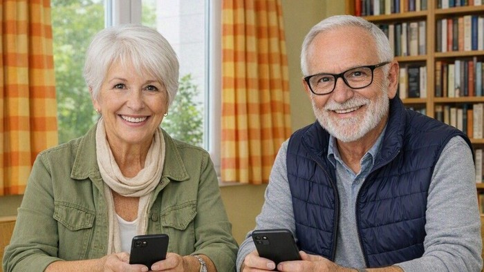 Zwei Personen mit Handy am Tisch