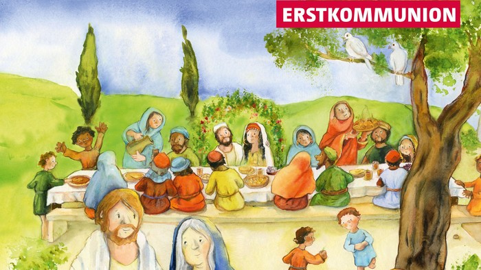 Illustrierte Szene von Jesus bei einer Erstkommunionfeier mit fröhlicher Versammlung und traditionellen Tonkrügen.