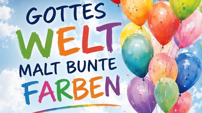 Einladungsplakat für einen ökumenischen Kirmes-Gottesdienst mit bunten Luftballons und einem festlichen Termin im Juli.