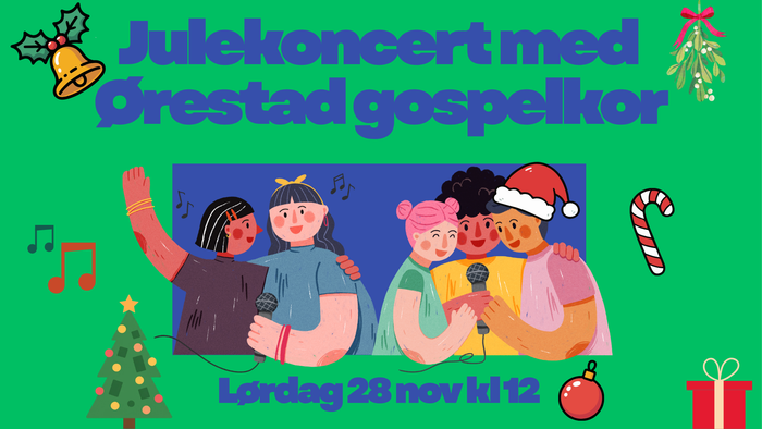 Julekoncertplakat med Örestad Gospel Kor med et festligt gruppefoto og arrangementoplysninger.