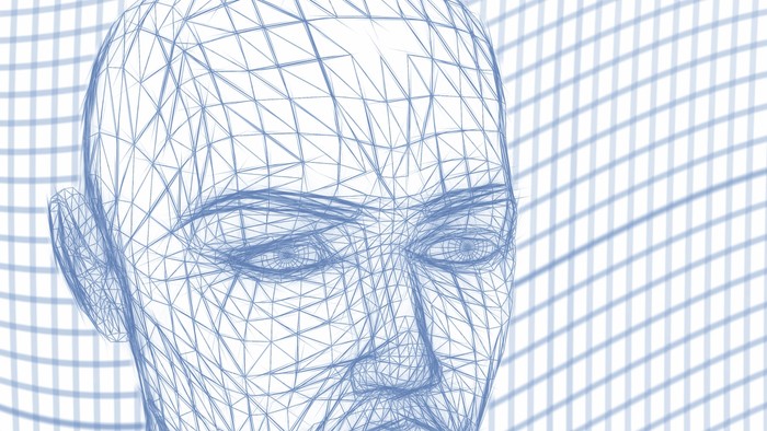 Ein Drahtgitter-Rasterüberlagerung erzeugt eine geometrische Menschengesichtsillustration in blauen Linien.