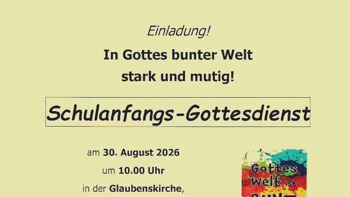 Einladung zum bunten Schulstart-Gottesdienst in Berlin am 30. August 2026 um 10 Uhr.