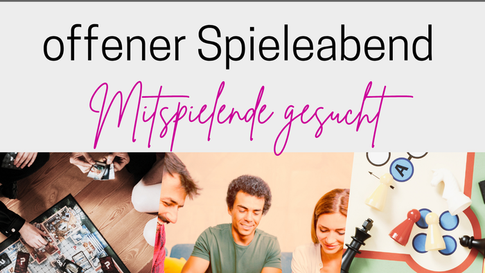 Plakat für eine Veranstaltung mit Kindern, die Spiele spielen, mit Details auf Deutsch.