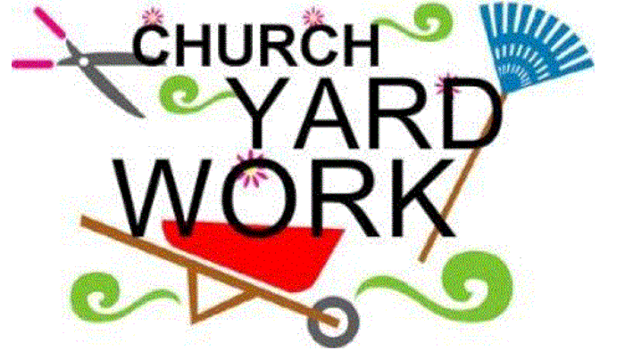 Church yard work with tools and wheelbarrow