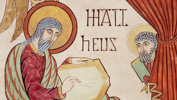 Middelalderligt illumineret manuskript, der afbilder Kristus og en engel med indskriften