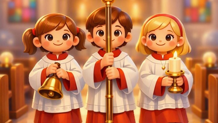 Drei fröhliche Ministrantinnen in traditionellen Gewändern, die ein Kreuz, eine Glocke und eine Kerze in einer Kirchenszene halten.