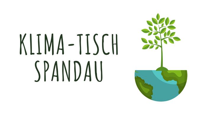 Logo für „Klima-Tisch Spandau“ mit einem Baum auf einem Globus, das Umwelt- und Klimainitiativen symbolisiert.