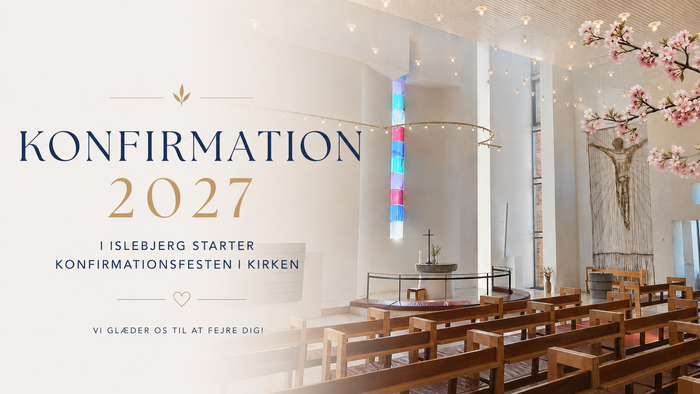 Invitationsbanner til en konfirmationsfest i 2027 i Islebjerg med et roligt kirkeinteriør.