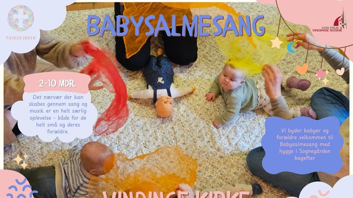 Et farverigt plakat, der annoncerer en begivenhed med vuggevise-sang for babyer i Vindinge Kirke den 4. april 2026 kl. 9:30 til 10:30.