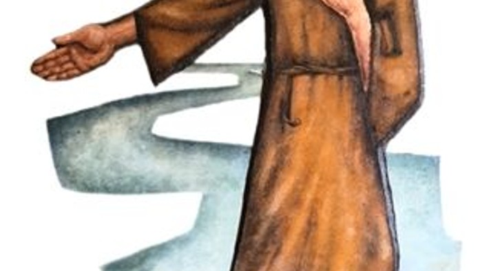 Der heilige Johannes vom Kreuz, dargestellt mit Taube und Berglandschaft