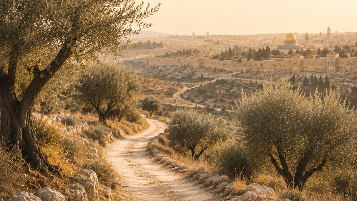 Ein von Olivenbäumen gesäumter Weg führt auf Jerusalem mit dem goldenen Felsendom zu. Die Abendstimmung und der weite Blick über die Stadt schaffen eine ruhige Atmosphäre und verweisen auf die gemeinsamen Wurzeln der abrahamitischen Religionen.
