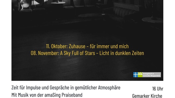 Plakat für ein gemütliches Kirchen-Treffen mit Musik, Gesprächen und heiteren Abenden.